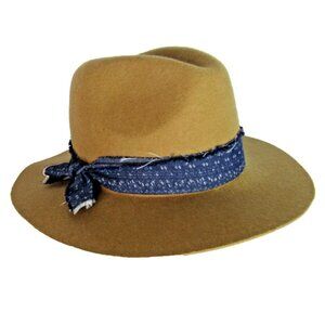 Free People Fedora 100% Lamb Wool Hat Brown Blue Ribbon Boho Women's Felt